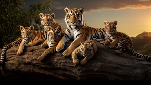 Group of Tigers at Sunset: A Chiaroscuro Portraiture AI Image