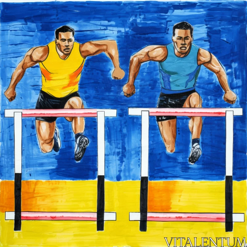 Acrylic Painting of Athletes Jumping Over Hurdles AI Image
