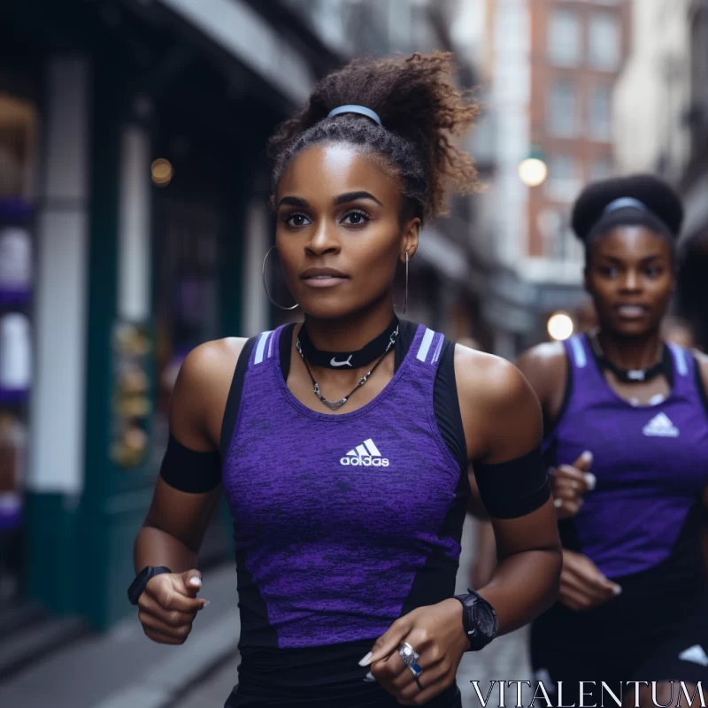 AI ART Afro-Caribbean Women Sprinting in Urban Decay, Displaying Strength in Sportswear