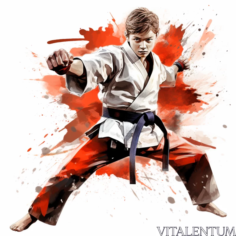 Dynamic Martial Arts Masterpiece in Vivid Colors Featuring Boy in Karate Suit AI Image