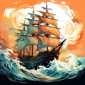 Neo-Renaissance Ship Sailing in Dreamlike Waves Poster AI Image