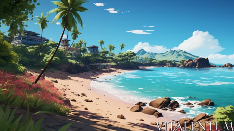 Anime-Style Coastal Landscape with Lush Greenery and Bright Sky AI Image