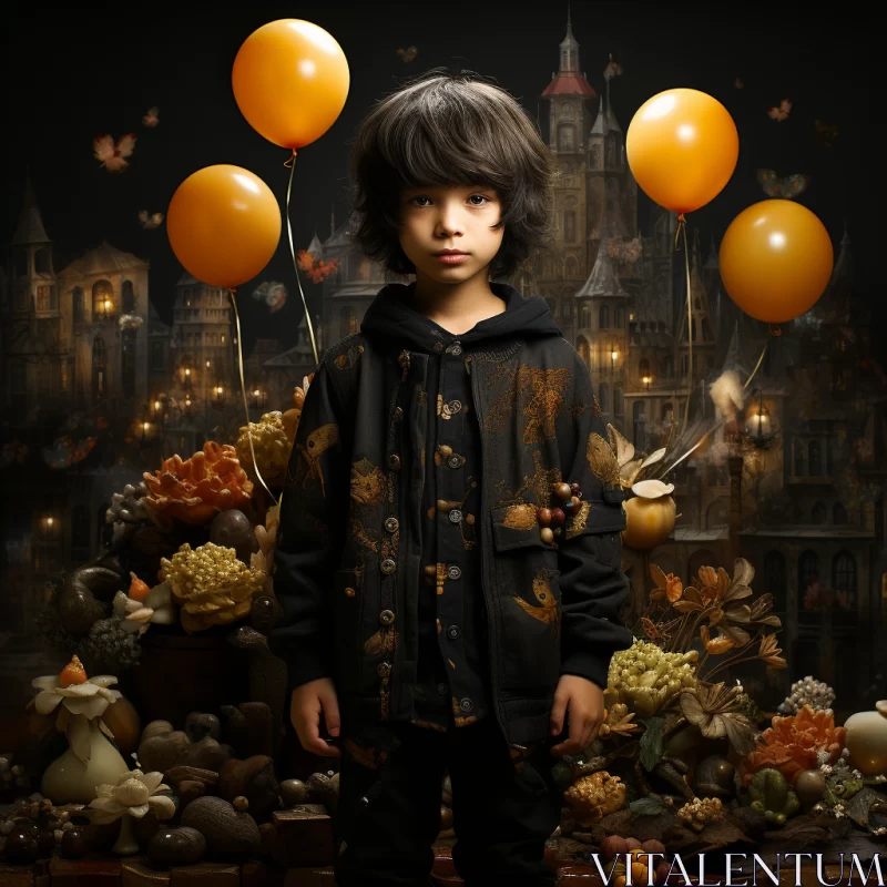 Boy with Balloons in front of Dark Castle - Photorealistic Still Lifes AI Image
