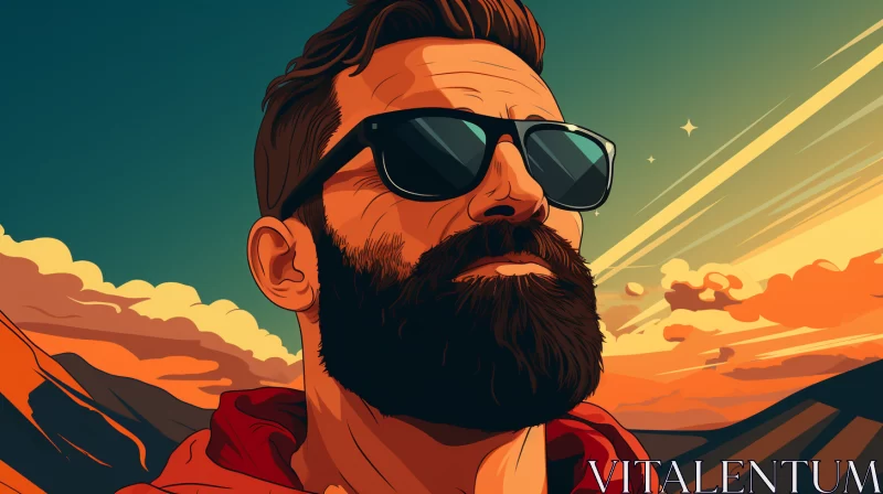 Digital Art: Charming Bearded Man Outdoors with Red and Amber Tones in 8K Resolution AI Image