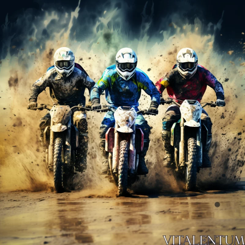Dramatic Dirt Bike Race Artwork in Mixed-Media with Vibrant Colors AI Image