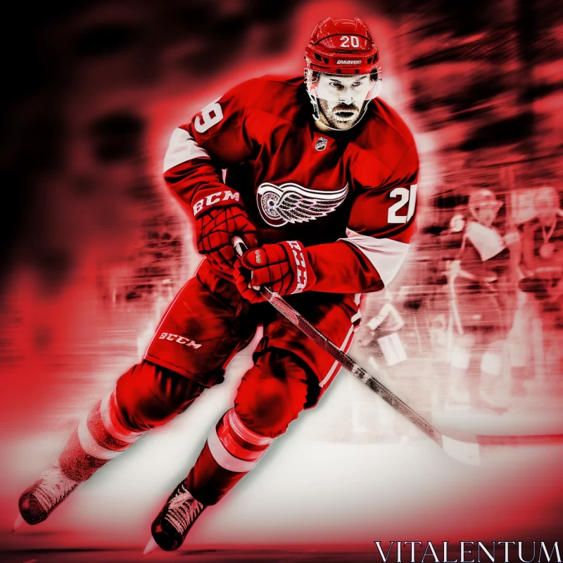 Dynamic Hockey Player Image with Monochromatic Red and Silver Tones AI Image