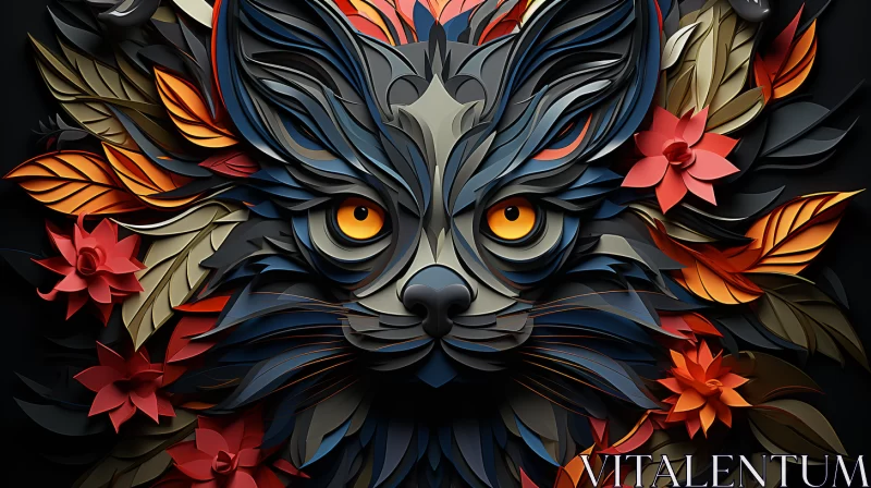 Innovative Paper Art Cat Face Amidst Floral Cluster in 2D Game Style AI Image