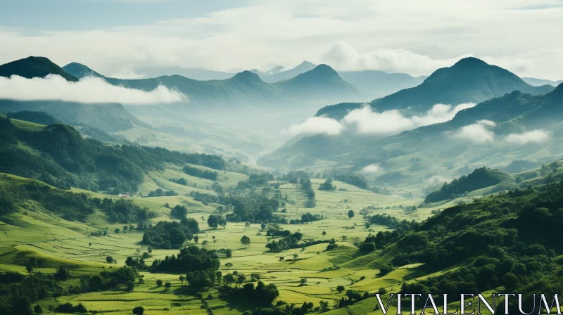 Misty Green Valley Surrounded by Concealed Mountain Peaks AI Image