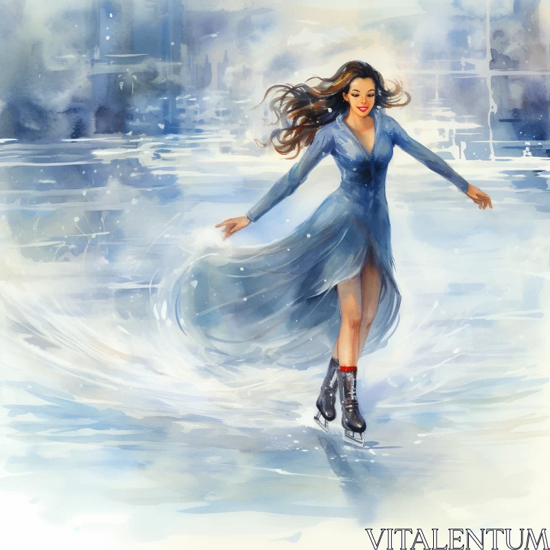 AI ART Vibrant Watercolor of Ice Skating Woman in Cityscape