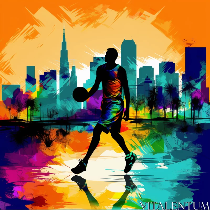 Dynamic Basketball Player in Vibrant Cityscape: A Fusion of Sports & Art AI Image