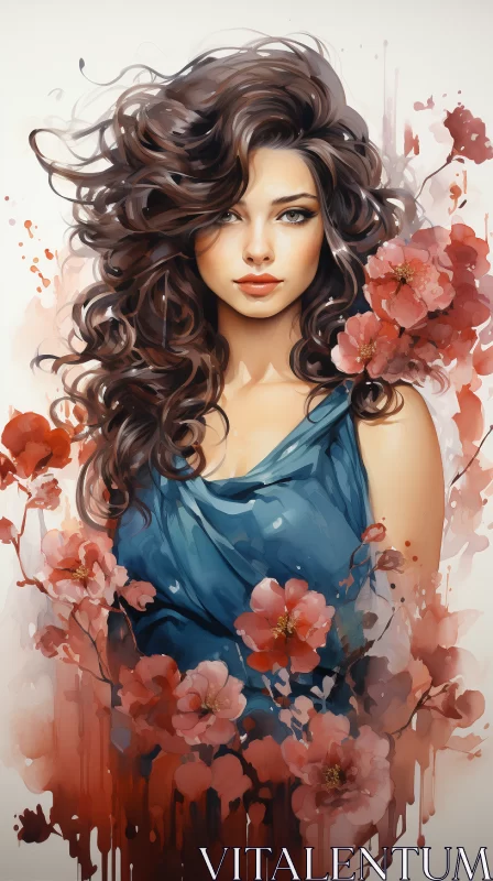 Elegant Portrait of Woman with Cherry Blossoms in Digital Art AI Image