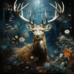 Enchanting Nighttime Deer Painting Amidst Forest Flowers AI Image