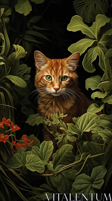 Storybook Orange Cat in Lush Green Foliage AI Image