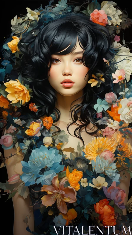 Tranquil Asian Style Woman Portrait with Blooming Flowers AI Image