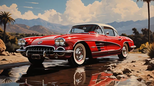 Vintage Red Corvette Painting in Golden Age Illustration Style - AI Art images AI Image