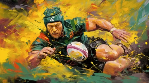 Vivid Oil Painting of Intense Rugby Match with Green and Gold Hues AI Image