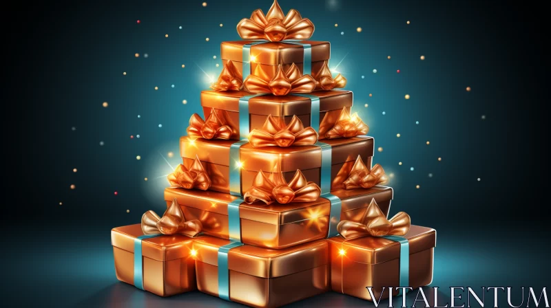 Golden Present Boxes on Dark Background: A Christmas Tale AI Image