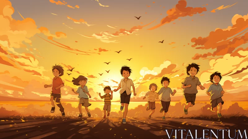 Heartwarming Illustration of Children Running at Sunset AI Image