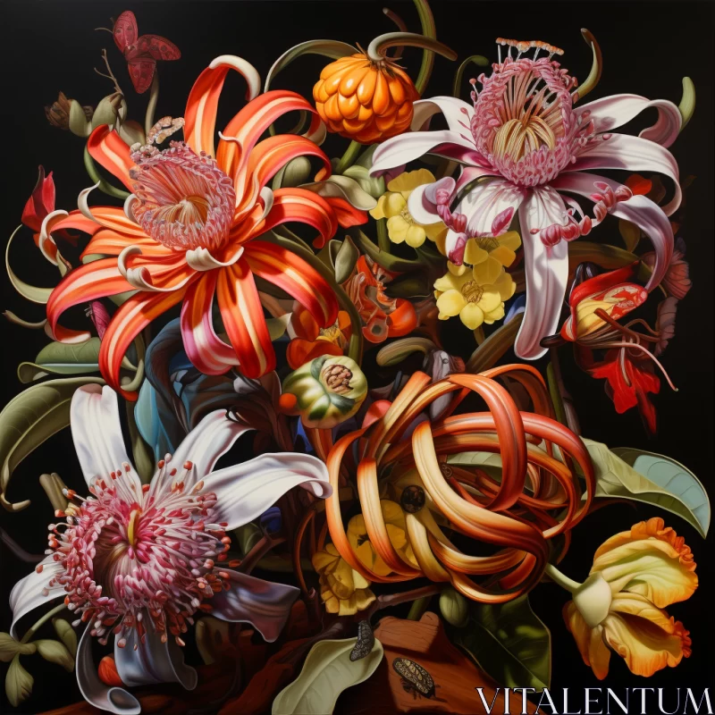 Intricate Floral Painting in Dark Orange and White AI Image