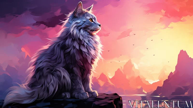 Majestic Cat on Rugged Rocks at Sunset AI Image