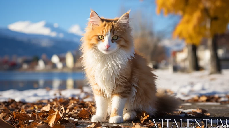Orange Tabby Cat in Winter Lakeside Setting - Swiss Art Style AI Image
