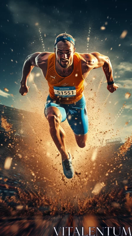 Vintage-Styled Athlete Mid-Leap in Race with Surreal Color Palette AI Image