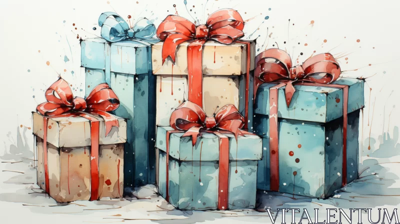 Watercolor Christmas Gift Boxes: An Artistic Still Life AI Image