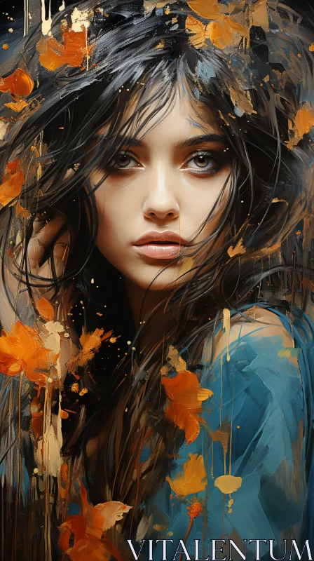 Expressionistic Portrait of Woman Amidst Autumn Leaves AI Image