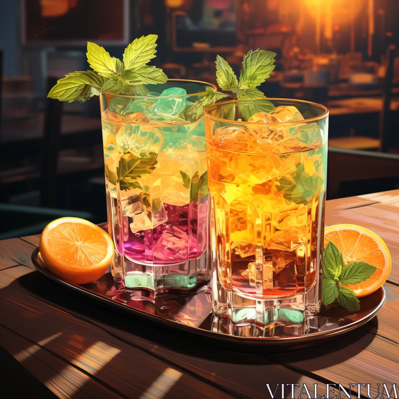 Luminous Colorful Drinks: A Photorealistic Ray Tracing Artwork AI Image