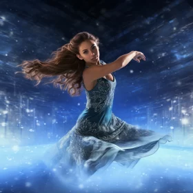 Mid-Dance Diva in Swirling Blue Dress under Dramatic Lighting AI Image