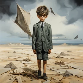 Post-Apocalyptic Surrealism: Boy and Flying Kites AI Image