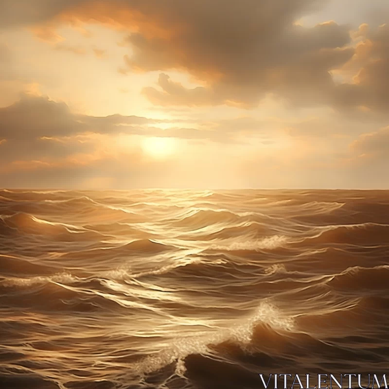 3D Digital Painting of Ocean at Sunset with Golden Hues AI Image