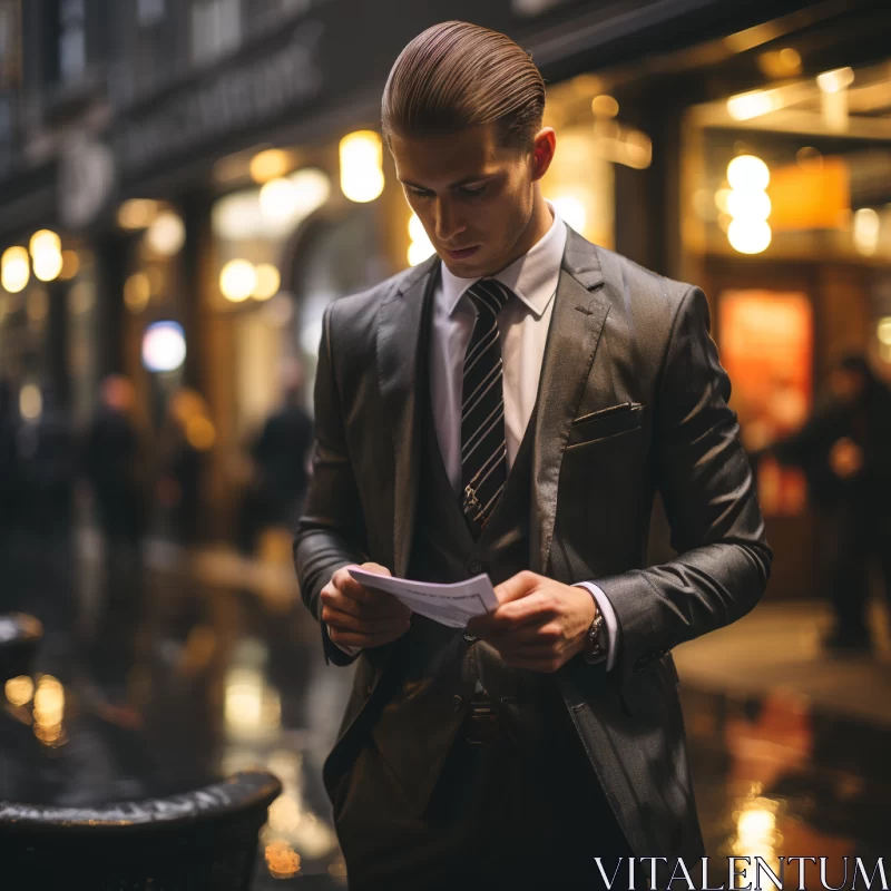 Elegant Businessman in Rainy Cityscape Holding Letter AI Image
