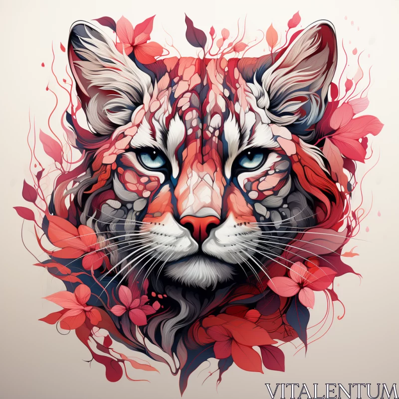 Floral Surrealism Lynx Illustration in Bright Pink and Red AI Image