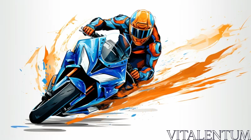 High-Definition Speedpainting of Motorcycle Race in Vibrant Azure and Orange AI Image