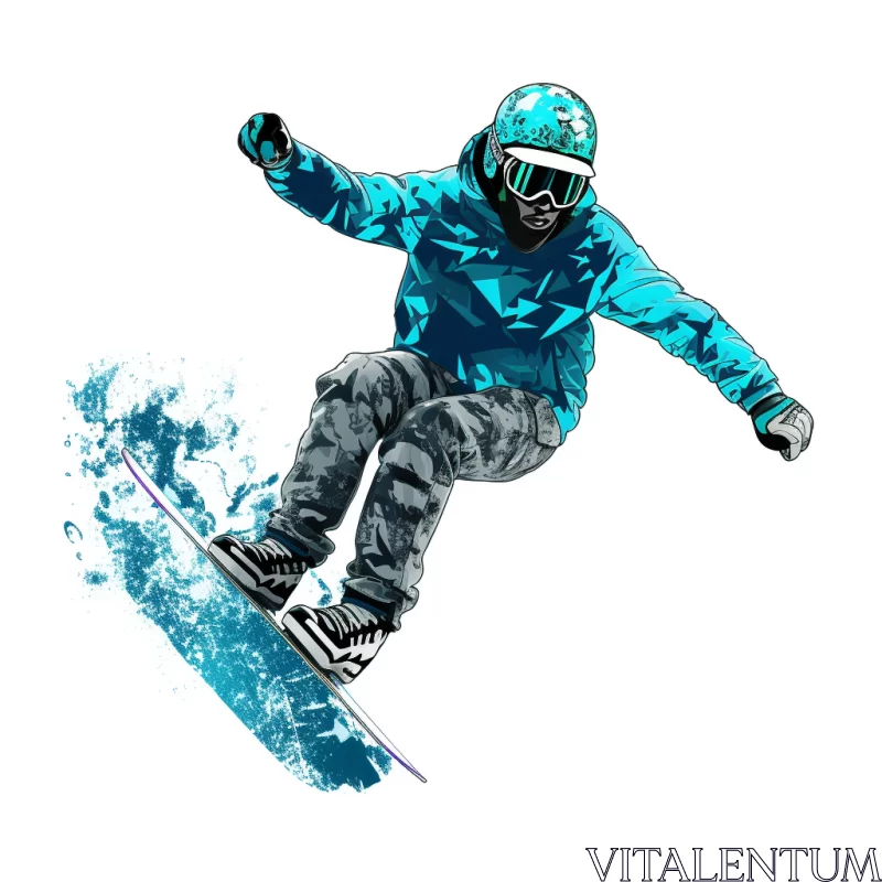 AI ART Hyper-Realistic Snowboarder Mid-Leap in Cyan & Teal Hues Against Snowfield