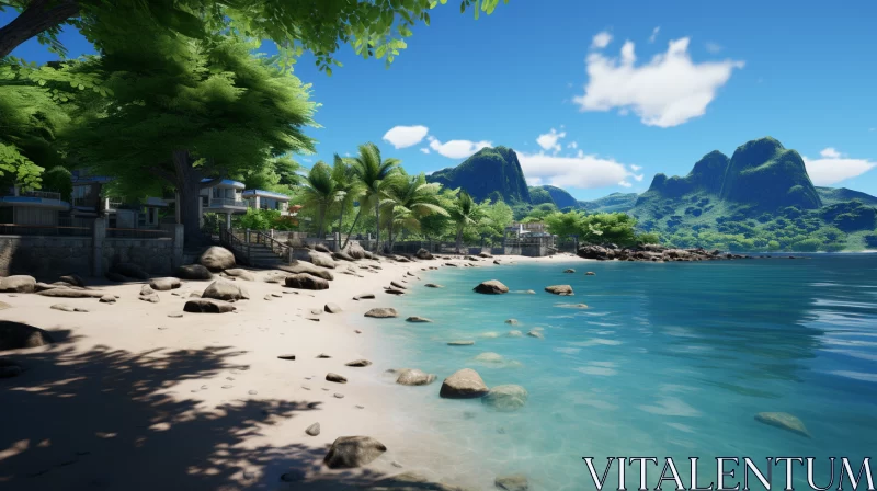 Serene Beachscape with Grand Mountains and City Architecture AI Image
