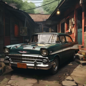 Classic Green Car in Rural Chinese Courtyard - Realistic Rendering Art - AI Art images AI Image