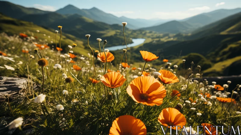Orange Poppies in Field with Mountain View - Nature-Inspired Imagery AI Image