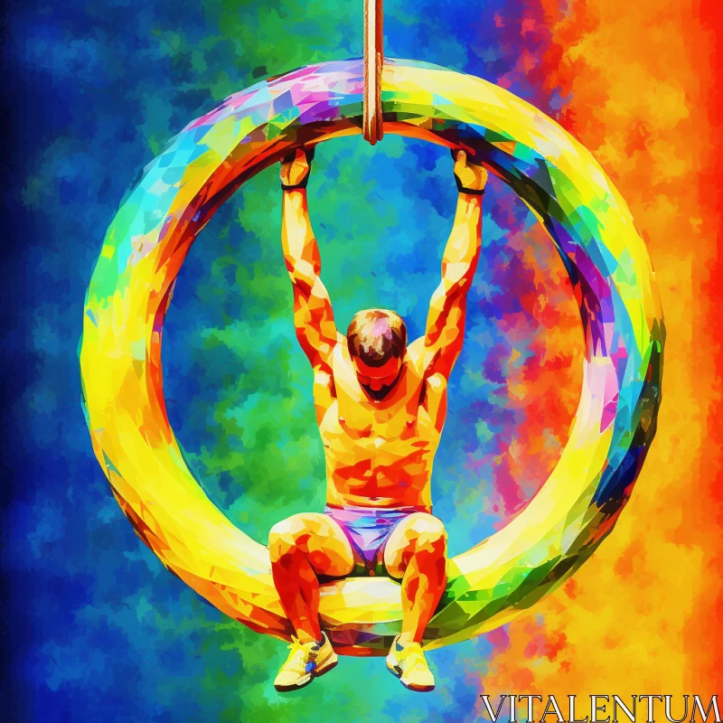 Vibrant Expressionist-Realistic Painting of Gymnast Performing Handstand on Rainbow Ring AI Image