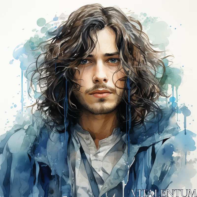 Captivating Watercolor Illustration of a Striking Man with Flowing Hair AI Image