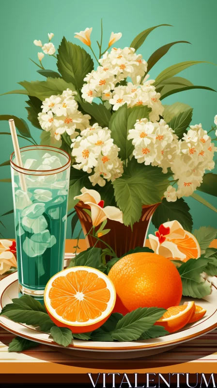 Charming Illustration of Floral Still Life with Oranges AI Image