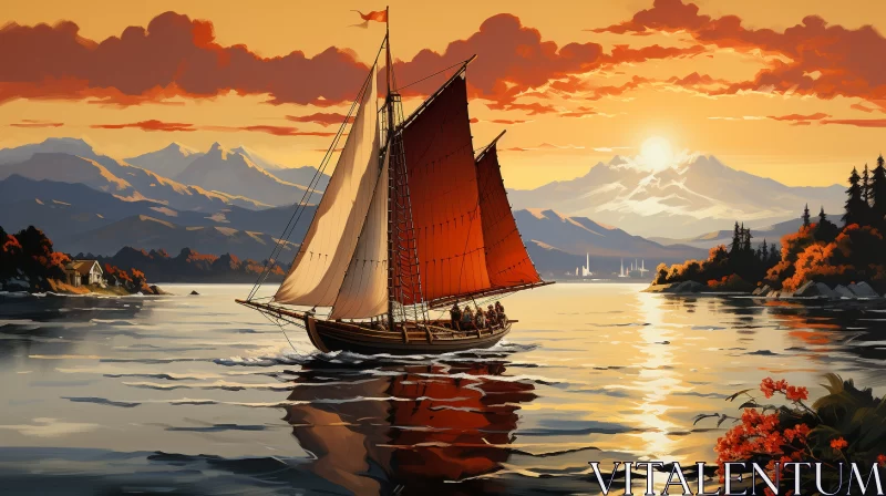 Detailed Sailing Ship Painting in Warm Color Palette AI Image