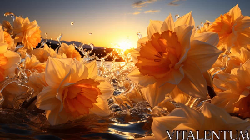 Golden Daffodils on Water - A Photorealistic Terragen Style Rendering AI Image