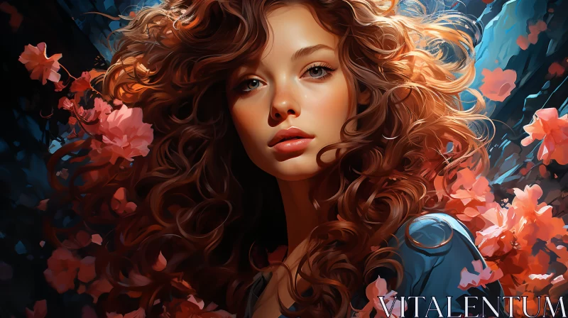 Intense-Eyed Woman with Flowing Red Curly Hair Amidst Delicate Flowers AI Image