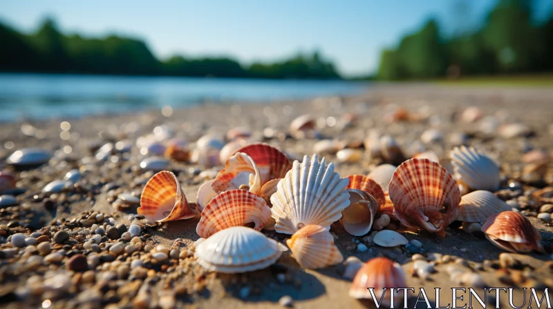 Pastoral Beach Landscape with Vibrant Sea Shells and Tranquil Lake AI Image