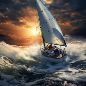 Sailboat's Biblical Battle in Stormy Orange Sea AI Image