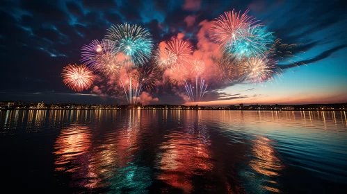 Fireworks Over Reflective Water in Richly Colored Skies AI Image