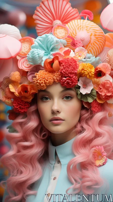 Photorealistic Fantasy - Woman with Pink Hair and Floral Crown AI Image