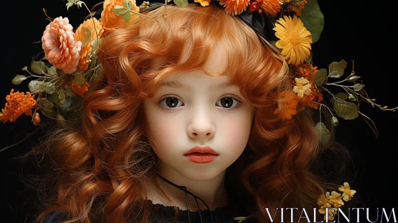 Child in Floral Headdress - Photorealistic Beauty in Dark Orange and Black AI Image